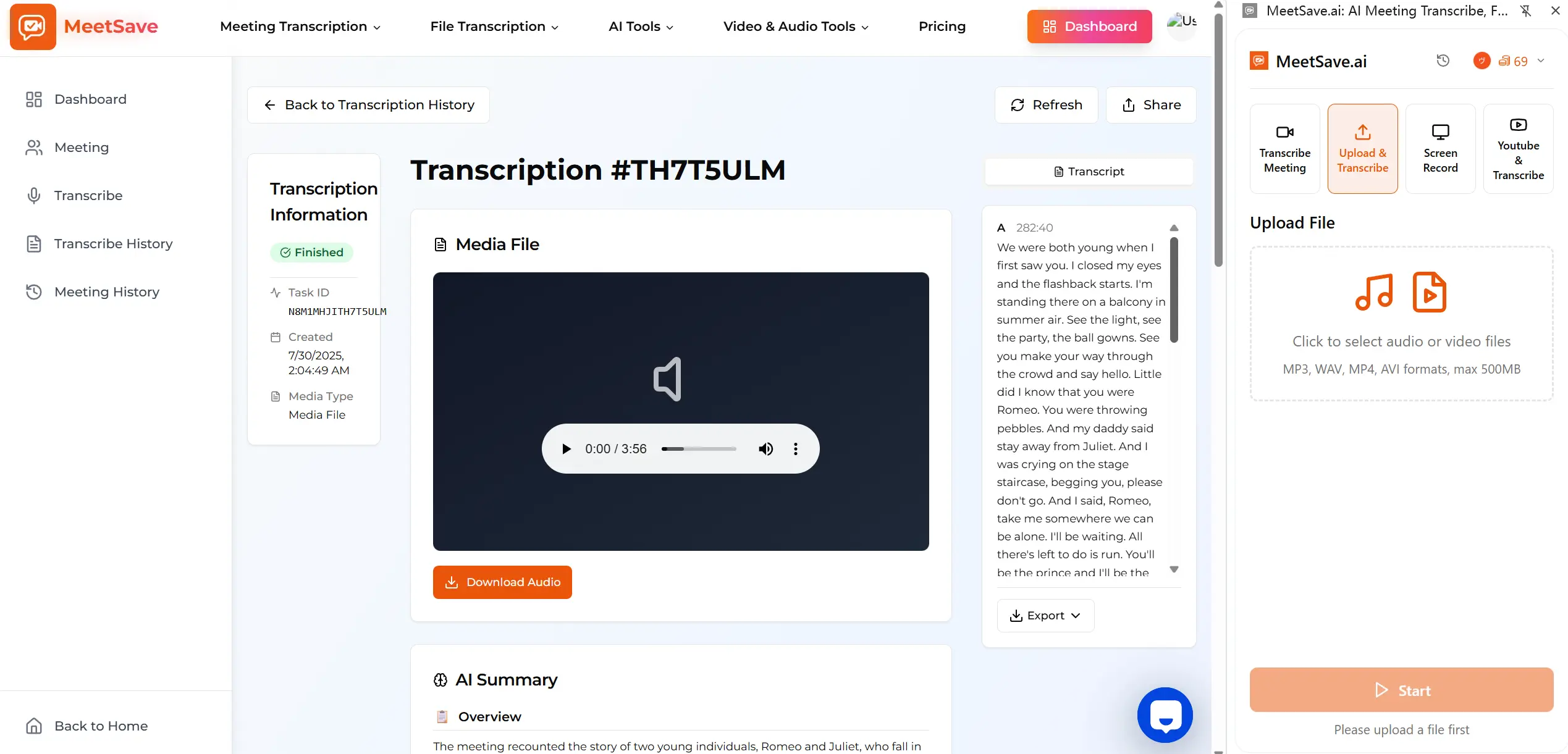 File Upload Transcription